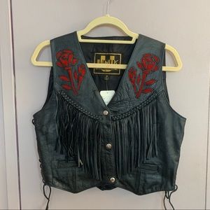 Vintage Fringe Leather Vest Roses Size Medium